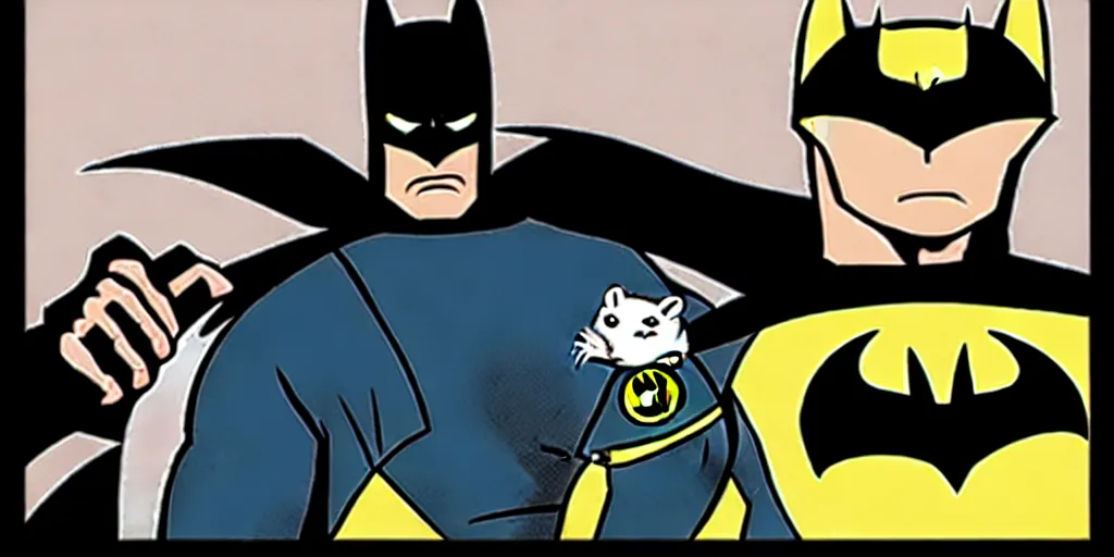 Image similar to The Batman poses with a hamster in his hand, comic book style