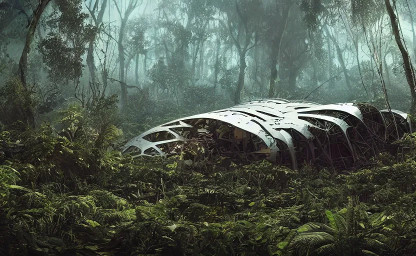 Image similar to a giant derelict metallic symmetrical spaceship crashed in a dense rainforest and broken into pieces, covered with vines, tribal people nearby, foggy atmosphere, sharp details, photorealistic, octane render, god rays, cinematic lighting, immense scale