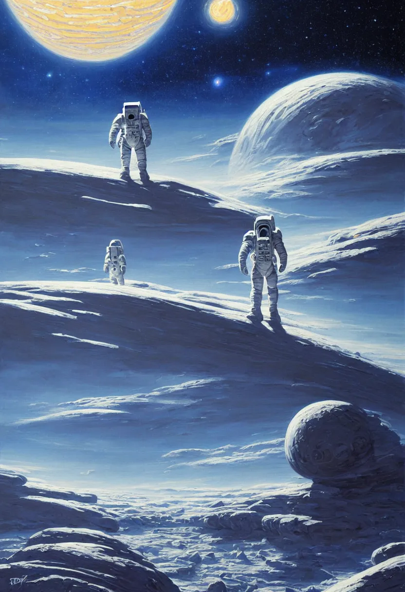 Image similar to an epic painting of a futuristic astronaut walking along an airless icy planet in the endless starry night of space, unreal 5, DAZ, detailed, soft focus, brilliant, 4k, 8k, HD, trending on artstation, art by Rick Guidice painting by Robert McCall by John Harris, abstract