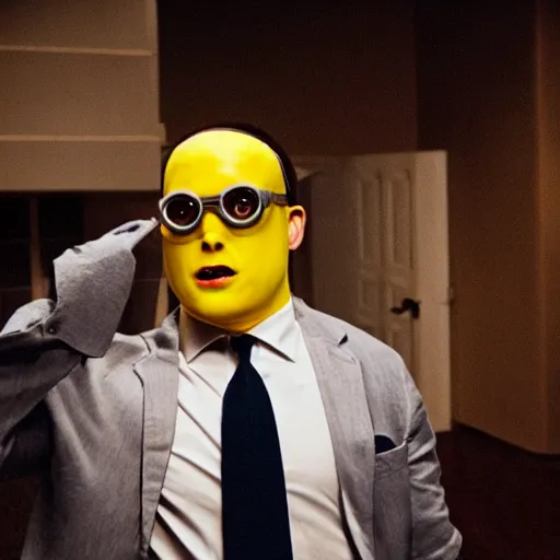 Image similar to yellow minion as the american psycho, sweating intensely, cinematic still