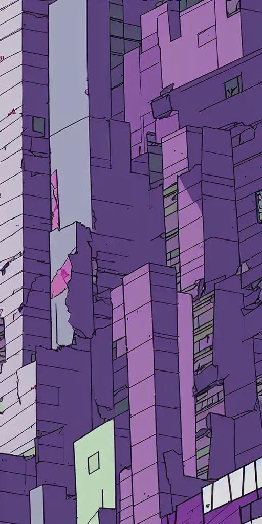 Image similar to evangelion unit 0 1 pallete, zoom shot, telephoto lens, low aperture street level, buildings collapsed