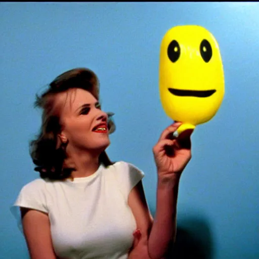 Prompt: bored housewife meets a smiley inflatable toy in a seedy motel room, 1982 color Fellini film, ugly motel room with dirty walls and old furniture, archival footage, technicolor film, 16mm, live action, John Waters, wacky comedy