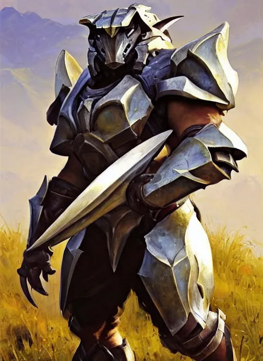 Image similar to Greg Manchess painting of a Wolf Charr from Guild Wars 2 wearing Forerunner Armor from Halo, countryside, calm, fantasy character portrait, dynamic pose, above view, sunny day, artwork by Jeremy Lipkin and Giuseppe Dangelico Pino and Michael Garmash and Rob Rey, very coherent asymmetrical artwork, sharp edges, perfect face, simple form, 100mm