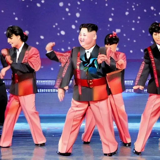 Prompt: kim jong un as k - pop idol dancing on the stage