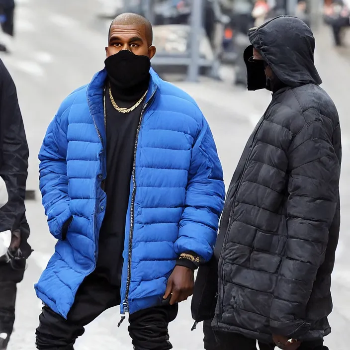 Image similar to kanye west using a full face covering black mask, a small bright blue round puffer jacket made of nylon and big black rubber boots,