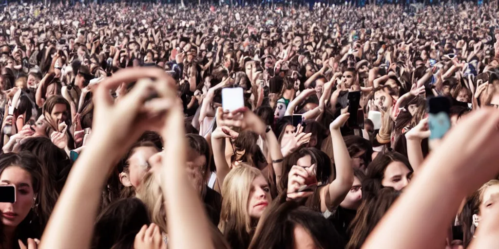 Prompt: a lonely!! girl!! on her phone in the middle of the crowd at a huge concert