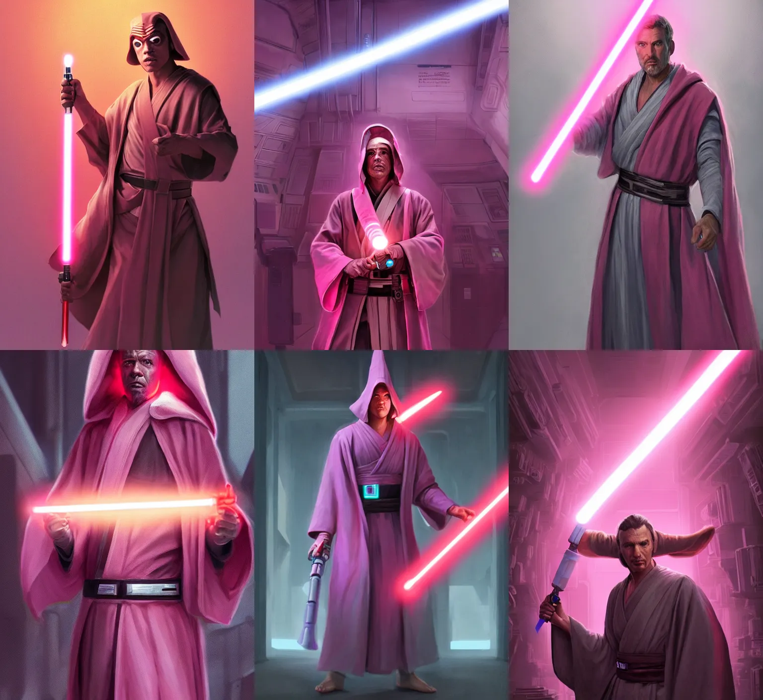 Prompt: portrait, Jedi wearing robes with a flamingo head wielding a pink lightsaber in a cybertech library. Dramatic lighting, cinematic, establishing shot, extremely high detail, photo realistic, post processed, artstation, matte painting, style by eddie mendoza, raphael lacoste, alex ross