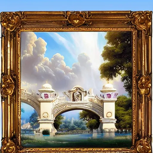 Image similar to bridge leading to an ornate palace in the clouds hyperrealistic fantasy-H 768