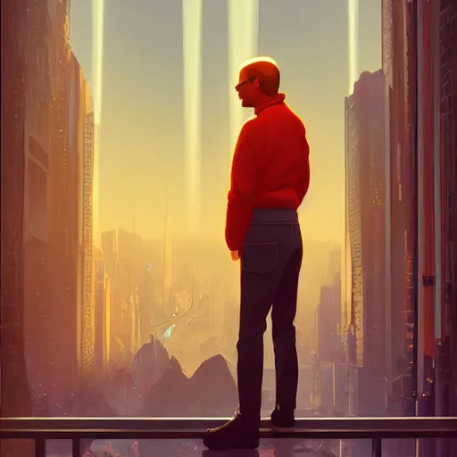 Image similar to futuristic portrait steve jobs standing cybercity, golden hour, poster by michael whelan and gilbert williams and evgeny lushpin and artgerm and alena aenami, 3 0 mm, well proportioned, highly detailed, rule of thirds, long exposure