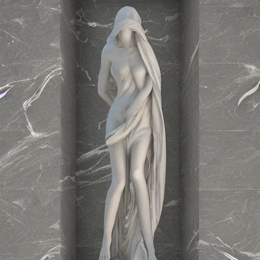 Image similar to “a delicate renaissance marble sculpture covered with water veil, highly detailed transparent marble cloth, gi, global illumination, physically based rendering, photorealistic, top light, dark background ”