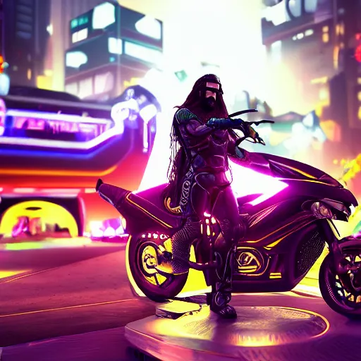 Prompt: cyberpunk jesus on a futuristic motorcyle, in front of a mega city, volumetric lights, moon shine, neon lights, highly detailed, hand drawn, unreal engine