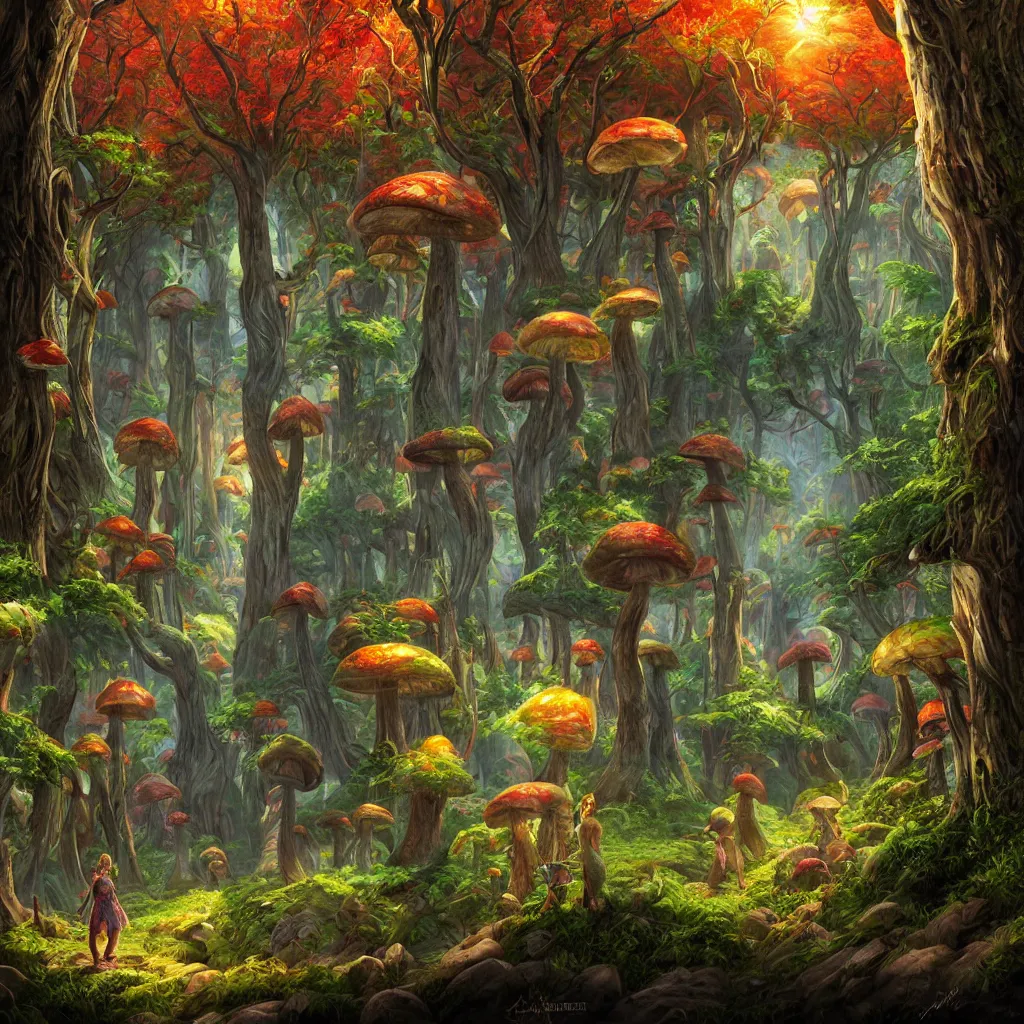 Image similar to bright, colorful, realistic, detailed from Elder Scrolls: shivering isles concept mania mushroom forest realm of madnessa portrait backlighting, kodachrome, high contrast, highly detailed, sharp focus, digital painting, concept art, illustration, trending on artstation, comic book by Alex Ross and Adam Adamowicz cover art