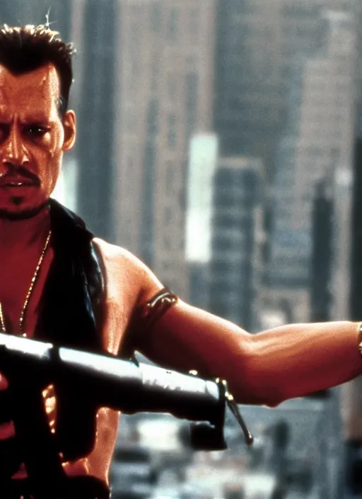 Image similar to film still of Johnny Depp as John McClane in Die Hard, 4k