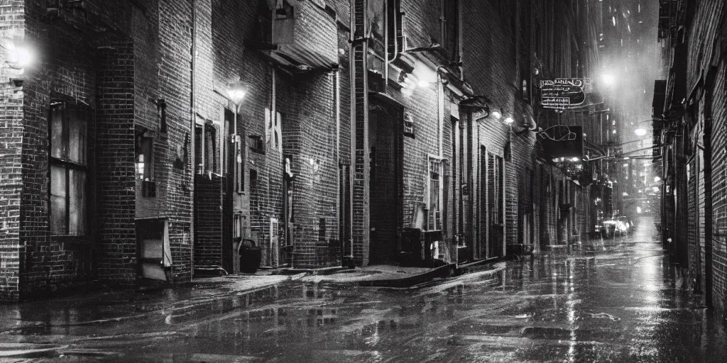 Prompt: New York city cityscape alleyway helios 44-2 grain film noise rain smoke night haze mist