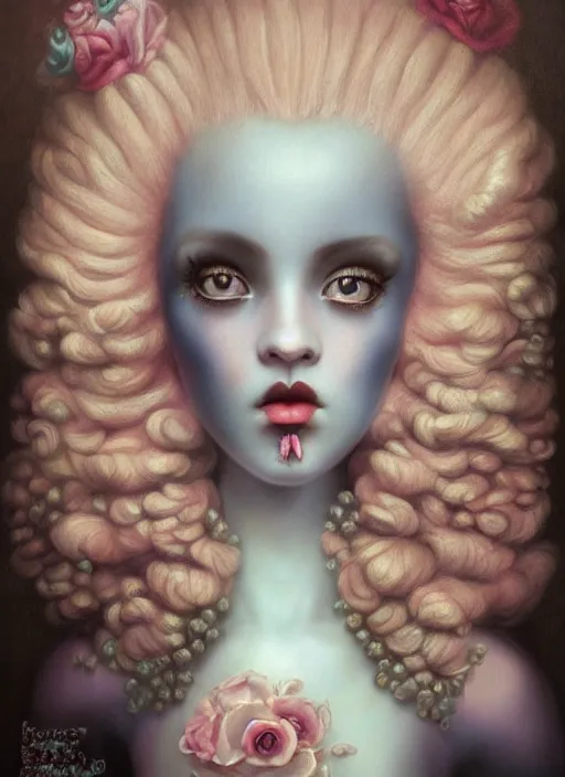 Prompt: pop surrealism, lowbrow art, realistic marie antoinette painting, japanese street fashion, hyper realism, muted colours, rococo, natalie shau, loreta lux, tom bagshaw, mark ryden, trevor brown style,