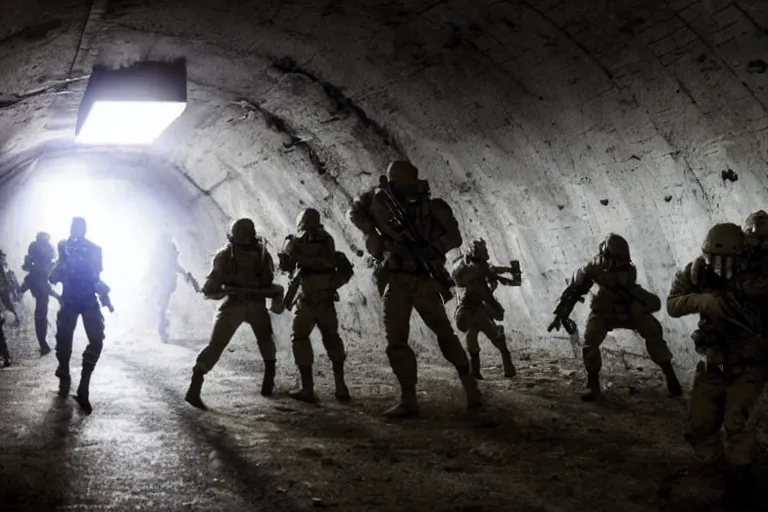 Prompt: battle between human soldiers and grey aliens in a dark underground tunnel