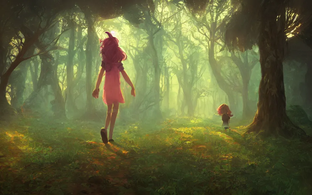 Prompt: little girl walking in an ancient forest, complementary colors, ruins, fantasy art, indie game art, dynamic lighting, artstation, mucha, volumetric lighting