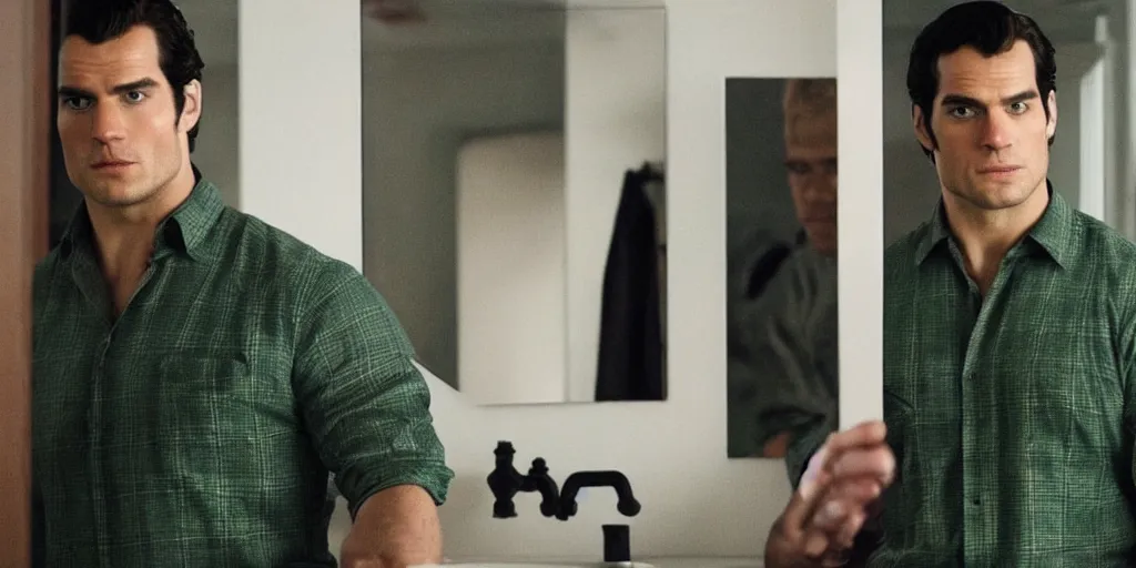 Prompt: ultra wide angle photo of henry cavill dressed in a a green flannel shirt and black dress pants as clark kent looking at himself in a bathroom mirror and seeing his reflection as superman