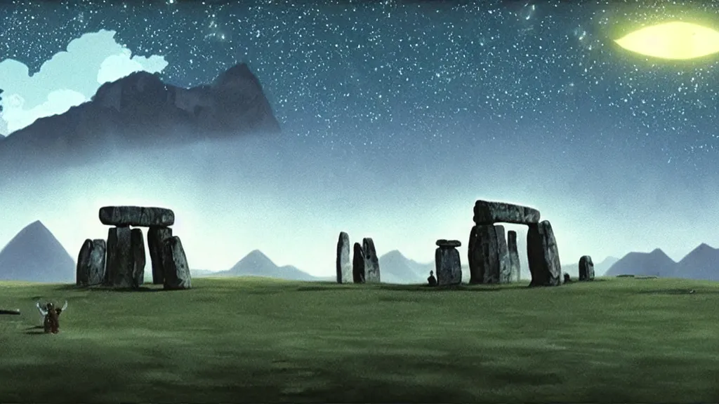 Image similar to a cell shaded cartoon movie still from princess mononoke ( 1 9 9 7 ) showing a chrome ufo over stonehenge. in the background is machu pichu on a misty and starry night. very dull muted colors, hd, 4 k, hq