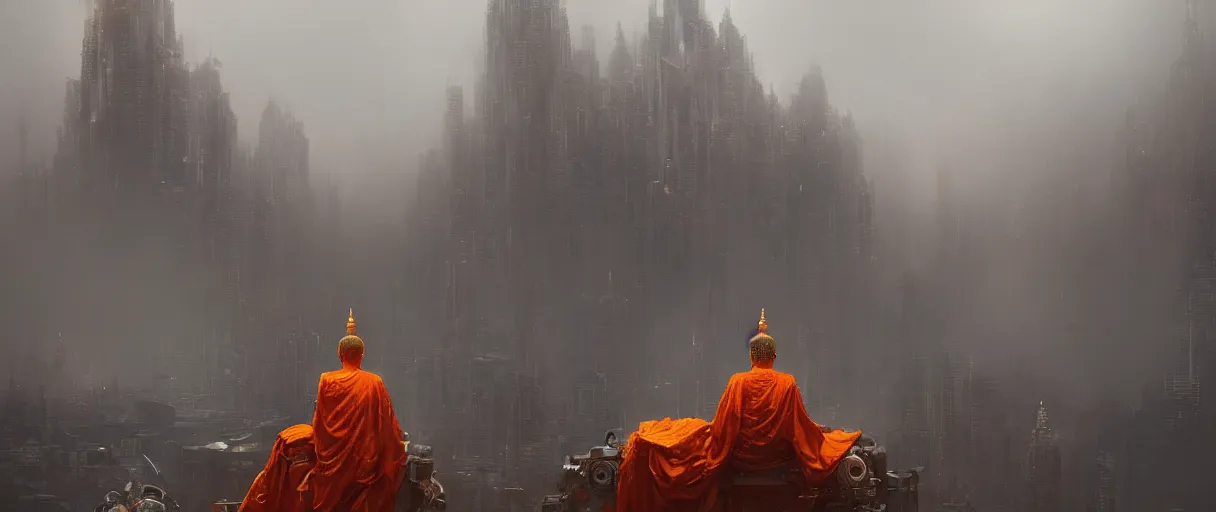 Prompt: a detailed robotic cyberpunk buddha with an orange robe, mystic atmosphere, a detailed metallic temple on a misty mountain, shiny reflections volumetric fog, perspective painting, atmospheric shot, cinematic establishing shot, in the style of greg rutkowski, artstation,