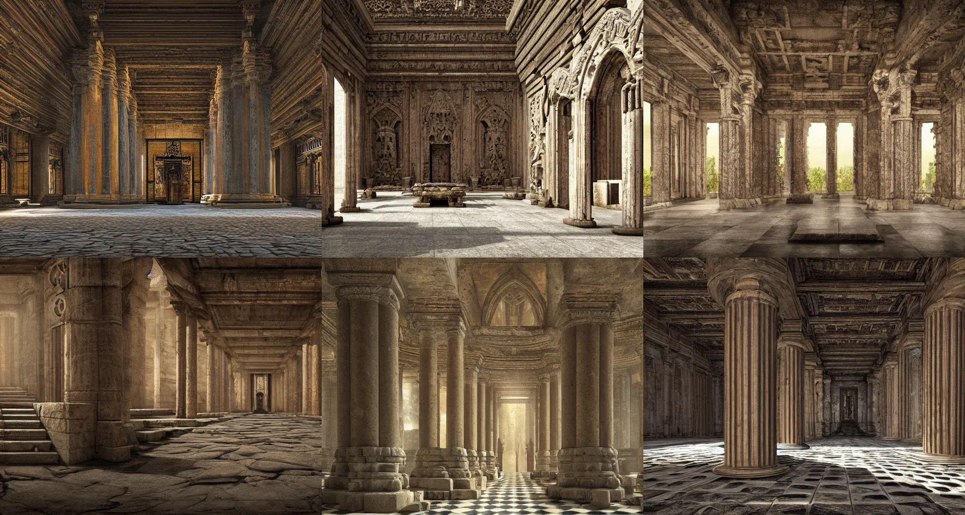 Prompt: Interior of a ancient temple, gothic architecture, Dave Rapoza, wide shot, hyper realistic, 4k, artwork, digital art