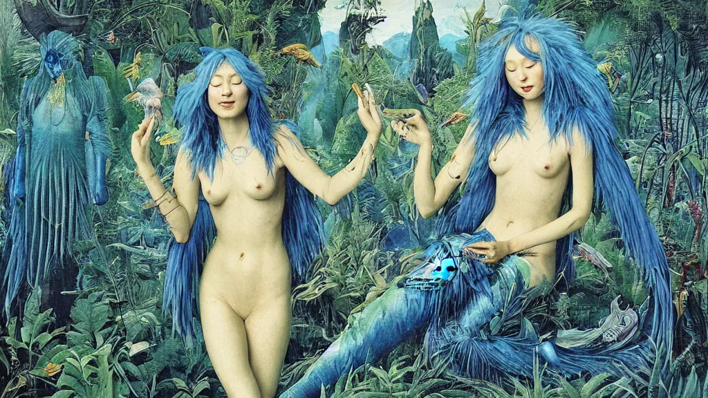 Image similar to a photograph of a grinning meditating blue harpy mermaid mutating into a savage fanged beast. surrounded by huge ferns and conifers. river delta with mountains under a blue sky full of burning stars and birds. painted by jan van eyck, max ernst, ernst haeckel, ernst fuchs and artgerm. trending on artstation, fashion editorial