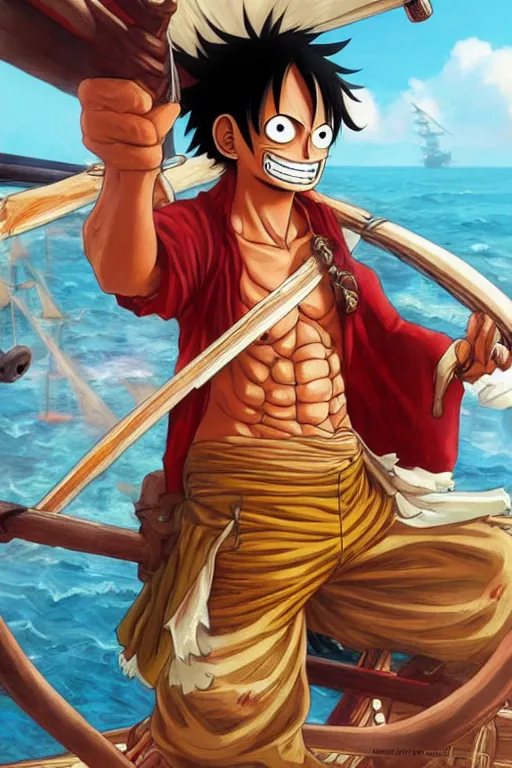 Prompt: Luffy from One Piece on a pirate ship, highly detailed, digital painting, artstation, concept art, sharp focus, illustration, art by artgerm and greg rutkowski and alphonse mucha
