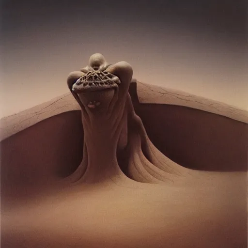 Image similar to desert goblin by Zdzisław Beksiński, oil on canvas