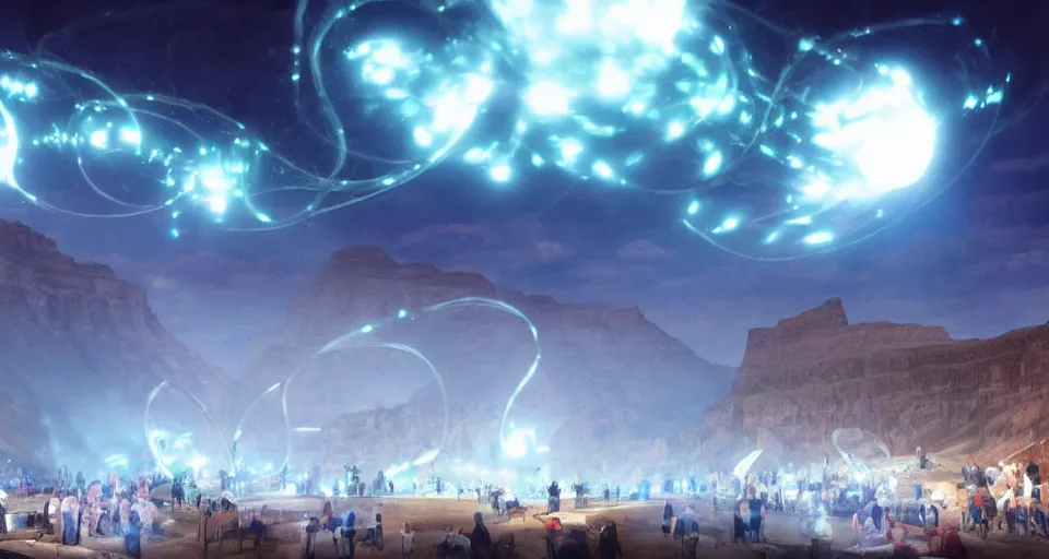 Image similar to night, a lot of people and a spiral - shaped white luminous attractor is floating in grand canyon, concept art, art for the game, professional lighting, art