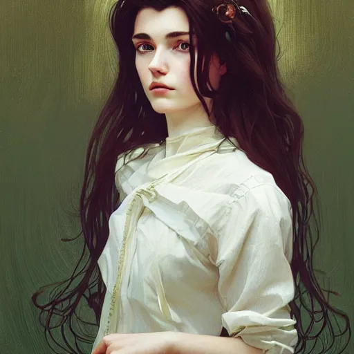 Image similar to portrait of a welsh teenage girl with brown hair, glowing skin, delicate features, amelie poulain, fantasy, intricate, elegant, dress shirt, highly detailed, digital painting, artstation, concept art, smooth, sharp focus, illustration, art by Krenz Cushart and Artem Demura and alphonse mucha