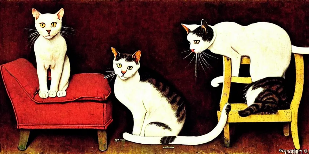 Image similar to two cats on an old armchair, style of norman rockwell