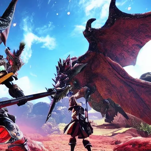 Image similar to monster hunter world gameplay in the style of shindol