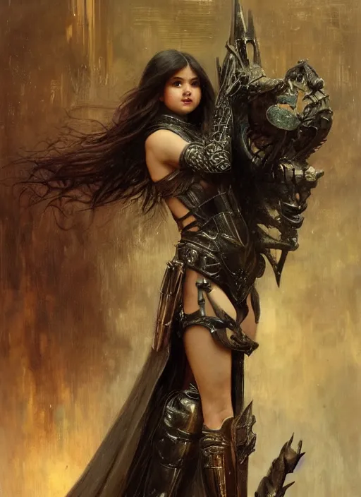 Image similar to young beautiful mischievous selena gomez wearing black medieval armour, bare legs, detailed, by gaston bussiere, bayard wu, greg rutkowski, giger, maxim verehin, greg rutkowski, masterpiece, sharp focus, cinematic lightning