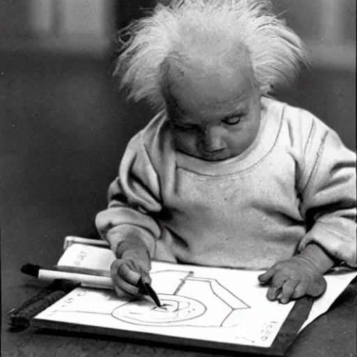 Image similar to Baby Albert Einstein making a crayon drawing of plans for a rocket