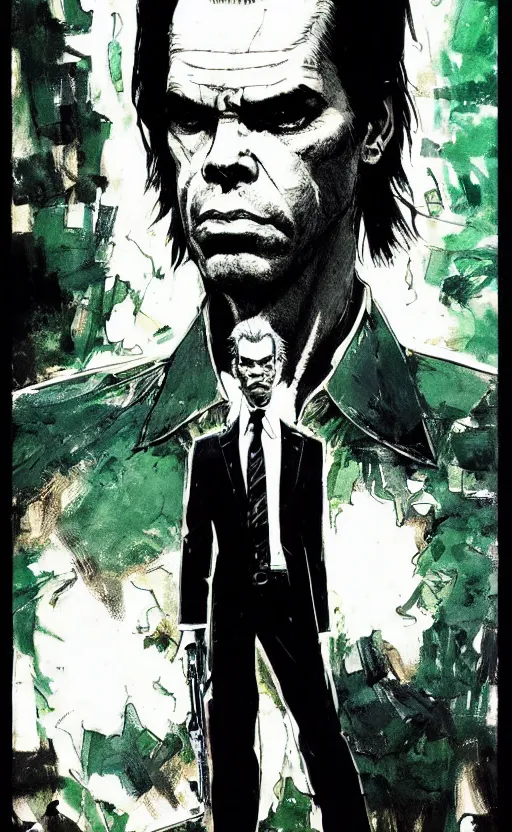 Image similar to full body portrait of nick cave as agent smith, sumi - e lighting style, intricate linework, artstation, trending, highly detailed, smooth, focus, concept art by yoji shinkawa and glenn fabry, lee bermejo, gabriele dell'otto