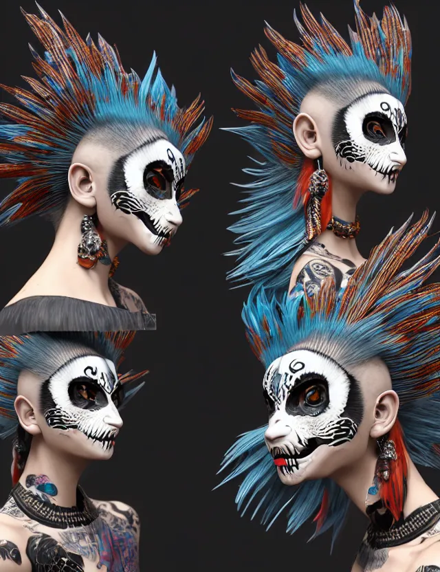 Image similar to 3 d goddess close - up profile simple portrait punk with mohawk with tiger skull. beautiful intricately detailed japanese crow kitsune mask and clasical japanese kimono. betta fish, jellyfish phoenix, bio luminescent, plasma, ice, water, wind, creature, artwork by tooth wu and wlop and beeple and greg rutkowski