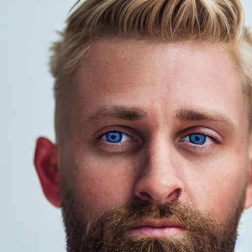 Image similar to close up of face of good looking 4 0 year old anglo slavic blond man with blond stubble, very short wavy blond hair in a short pompadour style, very dark blue eyes, portrait, 4 k