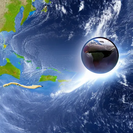 Image similar to landscape image : earth seen from space looking into a mirror reflecting a sphere resembling a black hole.