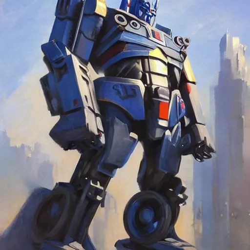 Image similar to greg manchess portrait painting of optimus prime as overwatch character, medium shot, asymmetrical, profile picture, organic painting, sunny day, matte painting, bold shapes, hard edges, street art, trending on artstation, by huang guangjian and gil elvgren and sachin teng