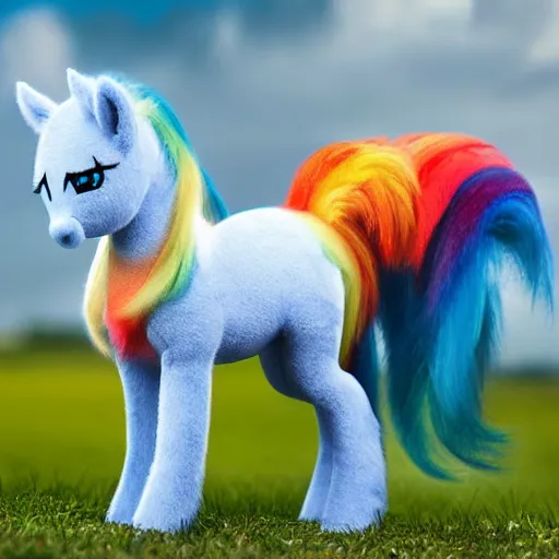 Prompt: 🐎🍑, Rainbow Dash, light blue fur, cutie mark, rainbow tail, equine photography