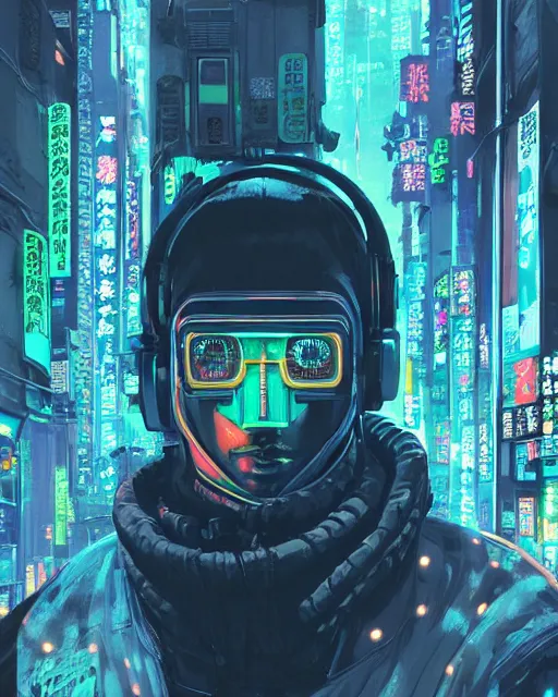 Image similar to detailed portrait of cyberpunk computer scientist who served as systems engineer dancer on the neo Tokyo streets of the Mecha Empire city during the Festival of Masks, futuristic neon, reflective puffy coat, decorated with traditional Japanese ornaments by Ismail inceoglu dragan bibin hans thoma greg rutkowski Alexandros Pyromallis Nekro Rene Maritte Illustrated, Perfect face, fine details, realistic shaded, fine-face, pretty face