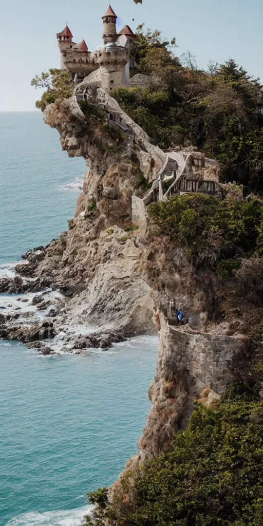 Prompt: a man climbing steep stairs toward a beautiful storybook castle on a high cliff overlooking the ocean