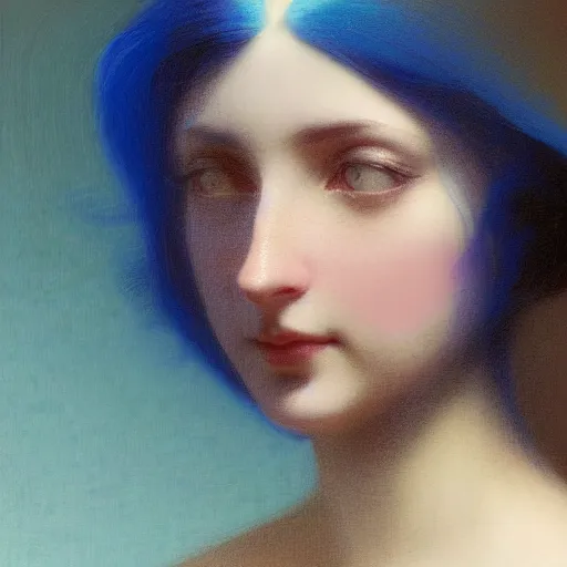 Prompt: a young woman's face, her hair is white and she wears an indigo blue satin cloak, by ivan aivazovsky and syd mead and moebius and gaston bussiere and roger dean and pieter claesz and paul delaroche and alma tadema and aelbert cuyp and jan heem, hyperrealistic, volumetric light, octane render