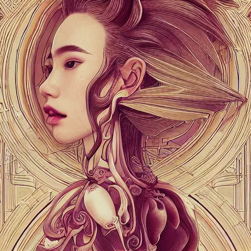 Image similar to the face of an incredibly beautiful, graceful, elegant, and sophisticated young chinese model dressed as a bulb of garlic, an ultrafine detailed illustration by james jean, intricate linework, bright colors, final fantasy, behance contest winner, vanitas, angular, altermodern, unreal engine 5 highly rendered, global illumination, radiant light, detailed and intricate environment