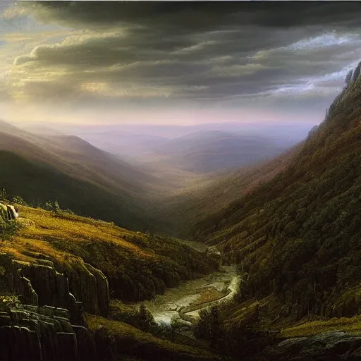 Image similar to a beautiful and highly detailed matte painting of the the appalachian mountains, intricate details, epic scale, insanely complex, 8 k, sharp focus, hyperrealism, very realistic, by caspar friedrich, greg rutowski, james gurney, zeen chin,