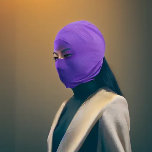 Image similar to close up portrait photography of beautiful asian female model wearing balaclava and golden neckkace, purple and blue futuristic light