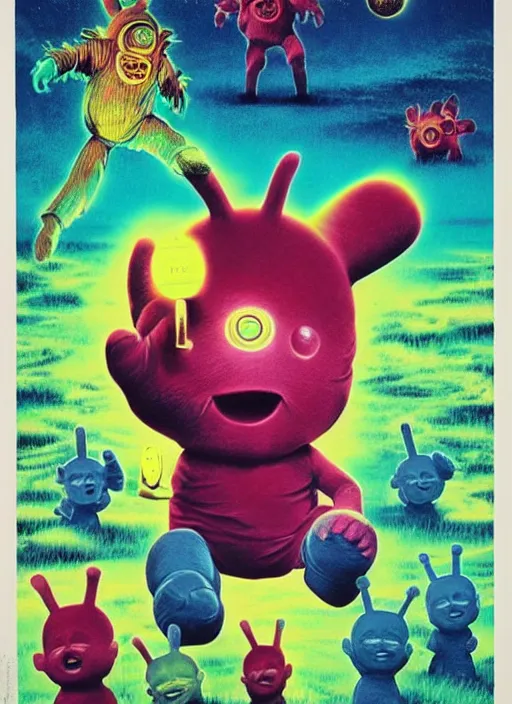 Prompt: teletubbies disgusting true form revealed, horror, high details, intricate details, by vincent di fate, artgerm julie bell beeple, 1 9 8 0 s, inking, vintage 8 0 s print, screen print