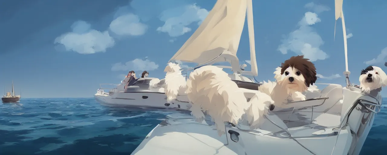 Image similar to a cream - colored havanese dog and shih tzu, sailing on a luxury yacht, detailed, atey ghailan, goro fujita, studio ghibli, rim light, exquisite lighting, clear focus, very coherent,