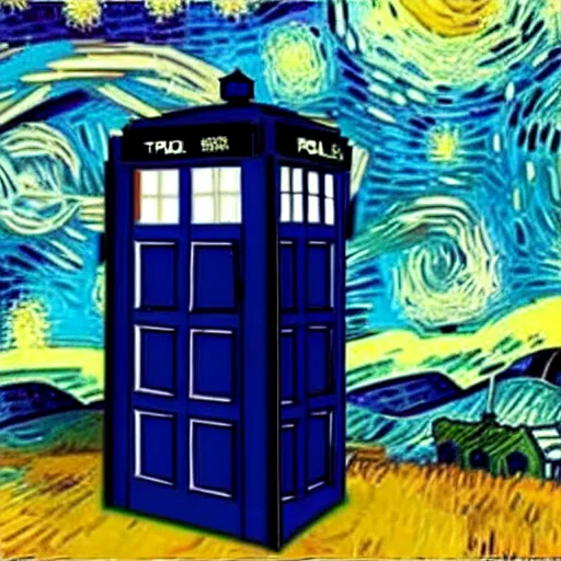 Image similar to an explosing tardis painted by van gogh