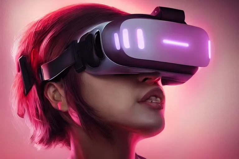 Prompt: a woman with a vr headset has a pill on her tongue and is hallucinating, cyberpunk art by keiichi koike, trending on cgsociety, retrofuturism, reimagined by industrial light and magic, darksynth, sci - fi